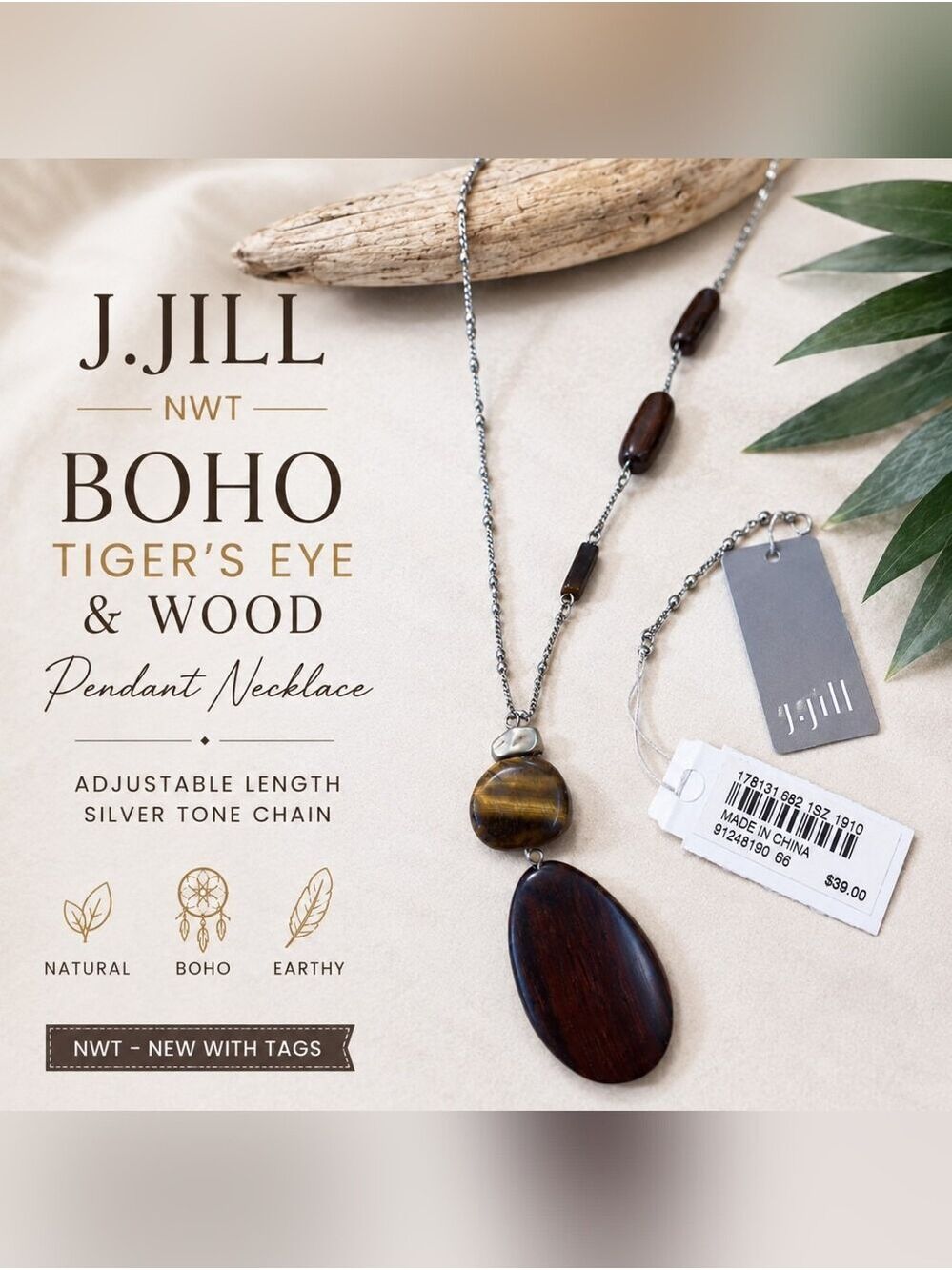 NWT J Jill Boho Tiger’s Eye Brown Wood Pendant Long Necklace Silver Tone